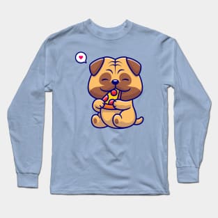 Cute Pug Dog Eating Pizza Cartoon Long Sleeve T-Shirt